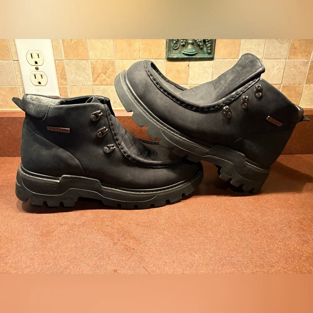Skechers Mens Black‎ Leather Ankle Boots Moc Toe Lace Up Casual Work